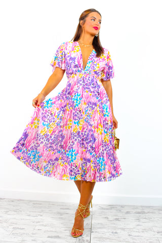 Good For Me - Pink Multi Abstract Print Pleated Midi Dress