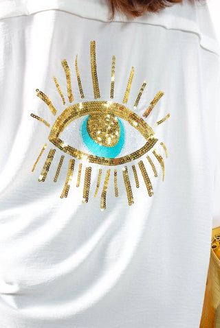 Got My Eye On You - White Gold Sequin Eye Oversized Shirt