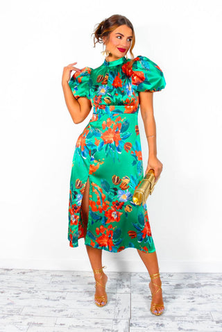 Got The Flower - Green Red Floral Midi Dress