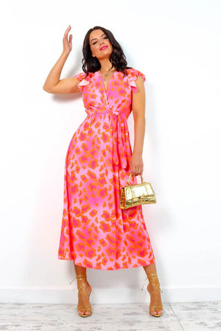 Hard To Tame - Pink Orange Leopard Midi Dress