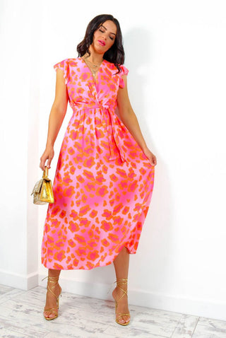Hard To Tame - Pink Orange Leopard Midi Dress
