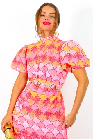 If I Were You - Pink Orange Shell Print Puff Sleeve Midi Dress