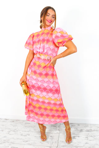 If I Were You - Pink Orange Shell Print Puff Sleeve Midi Dress