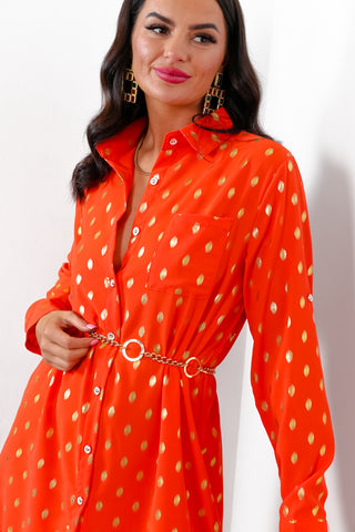 In My Feelings - Orange Gold Foil Maxi Shirt Dress