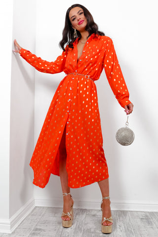 In My Feelings - Orange Gold Foil Maxi Shirt Dress