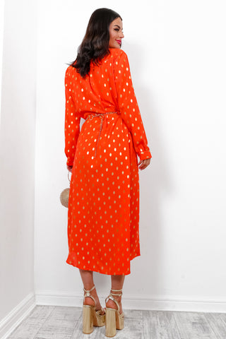 In My Feelings - Orange Gold Foil Maxi Shirt Dress