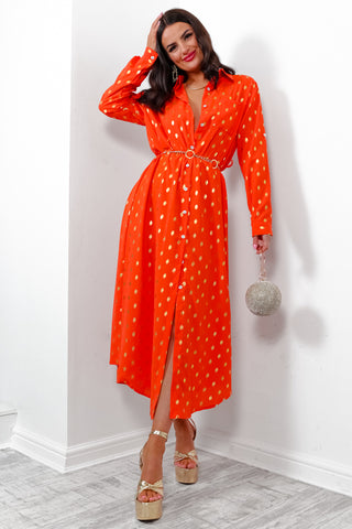 In My Feelings - Orange Gold Foil Maxi Shirt Dress