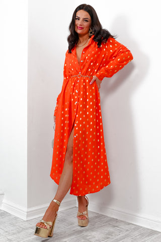 In My Feelings - Orange Gold Foil Maxi Shirt Dress