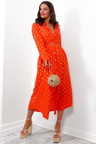 In My Feelings - Orange Gold Foil Maxi Shirt Dress