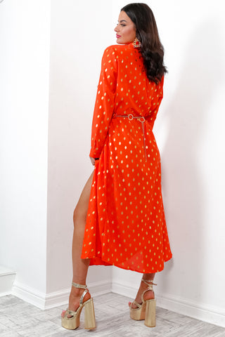 In My Feelings - Orange Gold Foil Maxi Shirt Dress