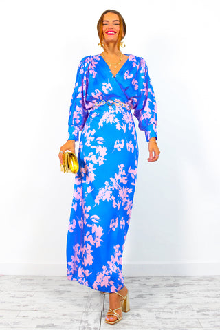 In My Imagination - Blue Pink Floral Batwing Midi Dress