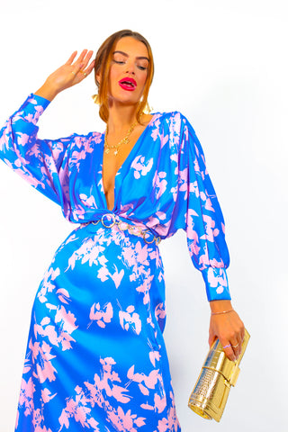 In My Imagination - Blue Pink Floral Batwing Midi Dress