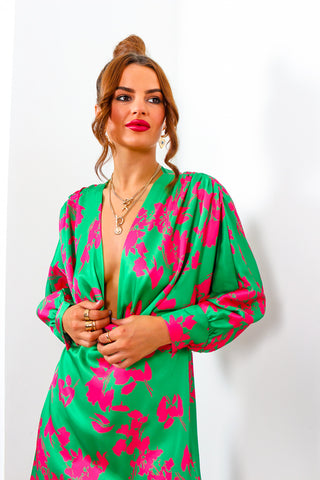 In My Imagination - Green Pink Floral Batwing Midi Dress