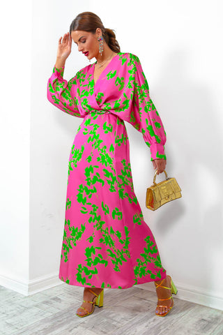 In My Imagination - Pink Lime Floral Batwing Midi Dress
