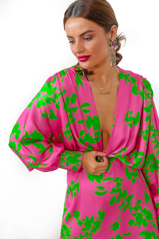 In My Imagination - Pink Lime Floral Batwing Midi Dress