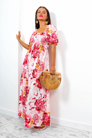 In Paradise - Pink Watercolour Floral Maxi Dress