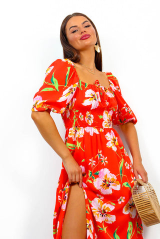 In Paradise - Red Floral Print Maxi Dress