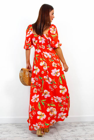 In Paradise - Red Floral Print Maxi Dress