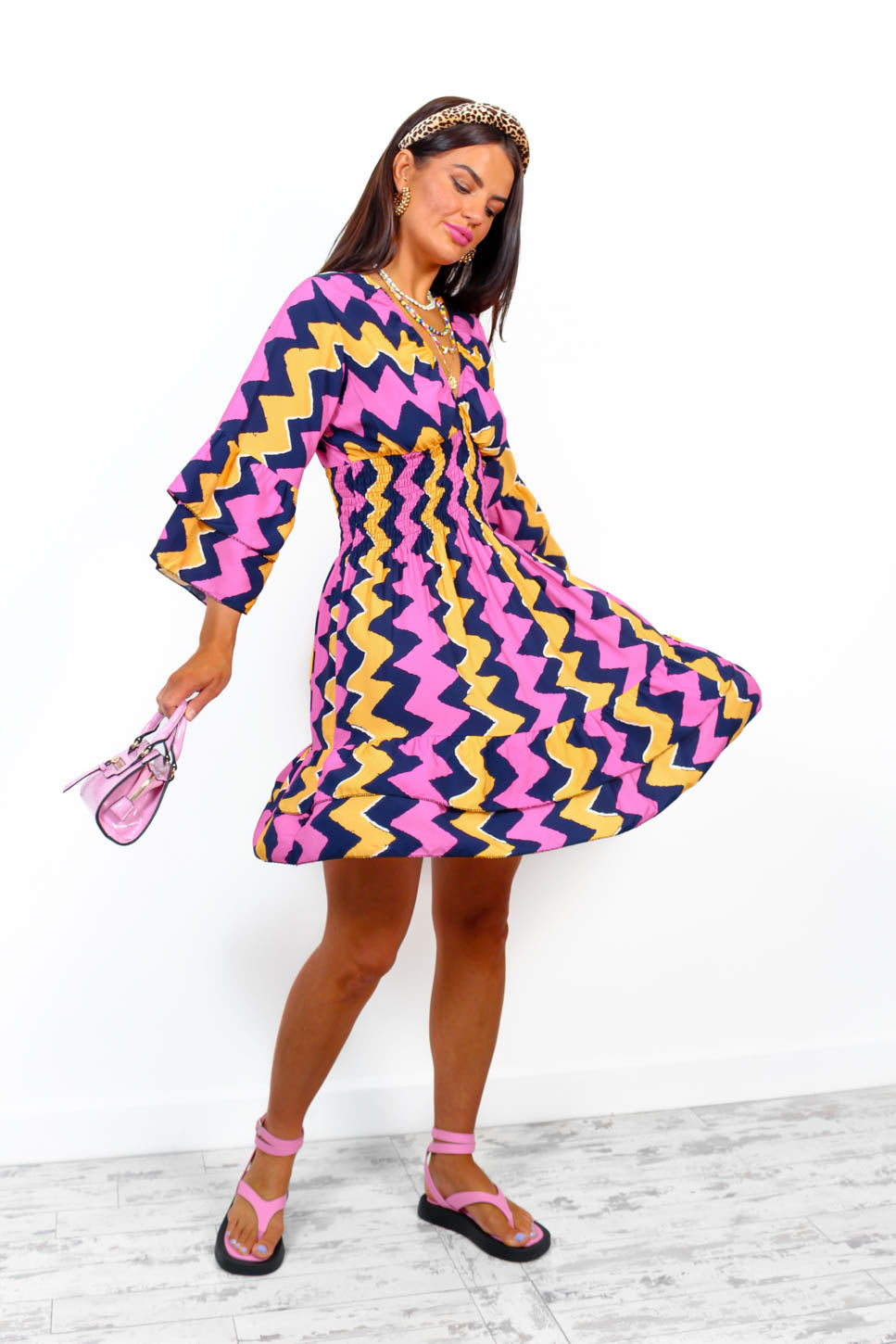 Island Girl - Navy Pink Zig Zag Mini Dress