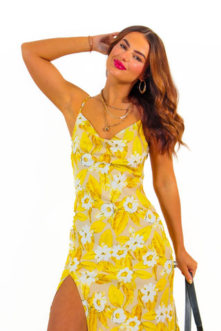 It's You I Choose - Yellow Floral Satin Cowl Neck Midi Dress