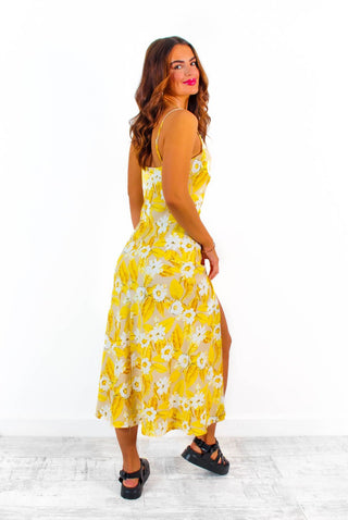 It's You I Choose - Yellow Floral Satin Cowl Neck Midi Dress