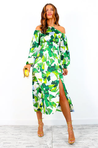 Just Be Good To Me - Green Abstract Print Halter Neck Midi Dress