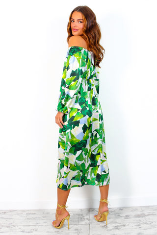 Just Be Good To Me - Green Abstract Print Halter Neck Midi Dress
