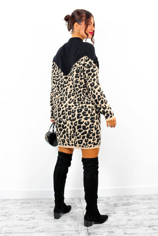 Knit's A Wild World - Black Leopard Print Jumper Dress