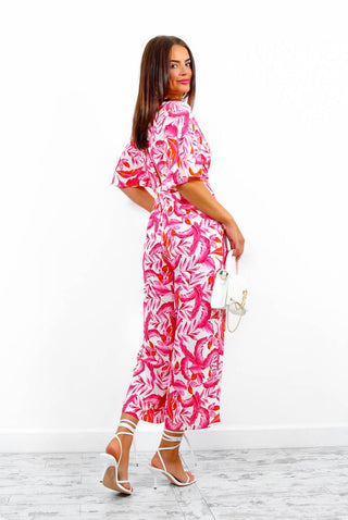 Knot Basic - Pink Multi Tropical Print Jumpsuit