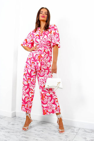 Knot Basic - Pink Multi Tropical Print Jumpsuit