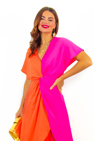 Knot In Love - Orange Pink Spliced Maxi Dress