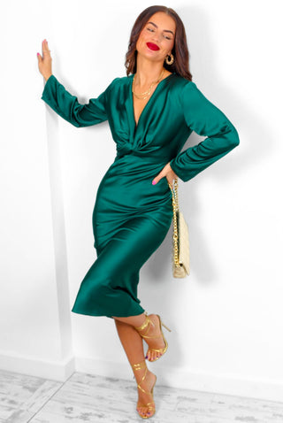 Knot In The Mood - Forest Knot Front Satin Maxi Dress