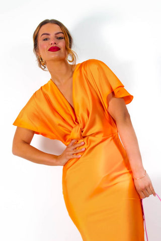 Knot Your Average - Orange Knot Front Satin Maxi Dress