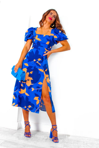 Last But Not Least - Blue Orange Floral Puff Sleeve Midi Dress