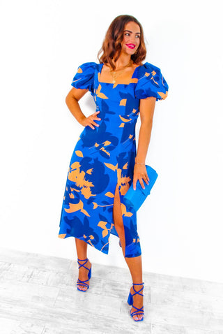 Last But Not Least - Blue Orange Floral Puff Sleeve Midi Dress