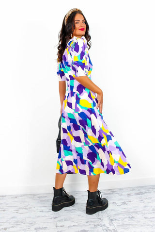 Law Of The Jungle - Lilac Yellow Abstract Midi Dress
