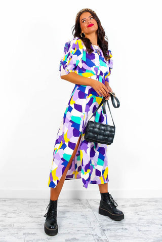 Law Of The Jungle - Lilac Yellow Abstract Midi Dress