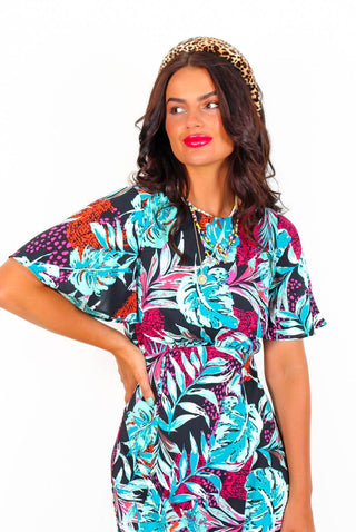 Let's Split - Magenta Turquoise Tropical Print Midi Dress