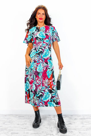 Let's Split - Magenta Turquoise Tropical Print Midi Dress