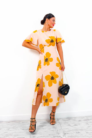 Let's Split - Mustard Floral Print Midi Dress