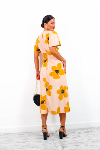 Let's Split - Mustard Floral Print Midi Dress
