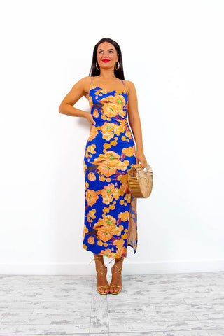 Lust For Me - Blue Orange Floral Midi Slip Dress