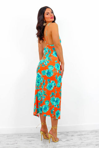 Lust For Me - Orange Green Floral Midi Slip Dress