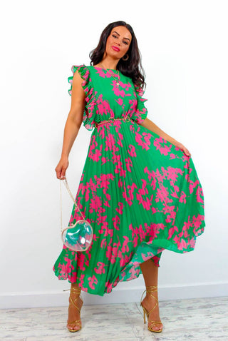Mamma Mia - Green Pink Floral Pleated Maxi Dress