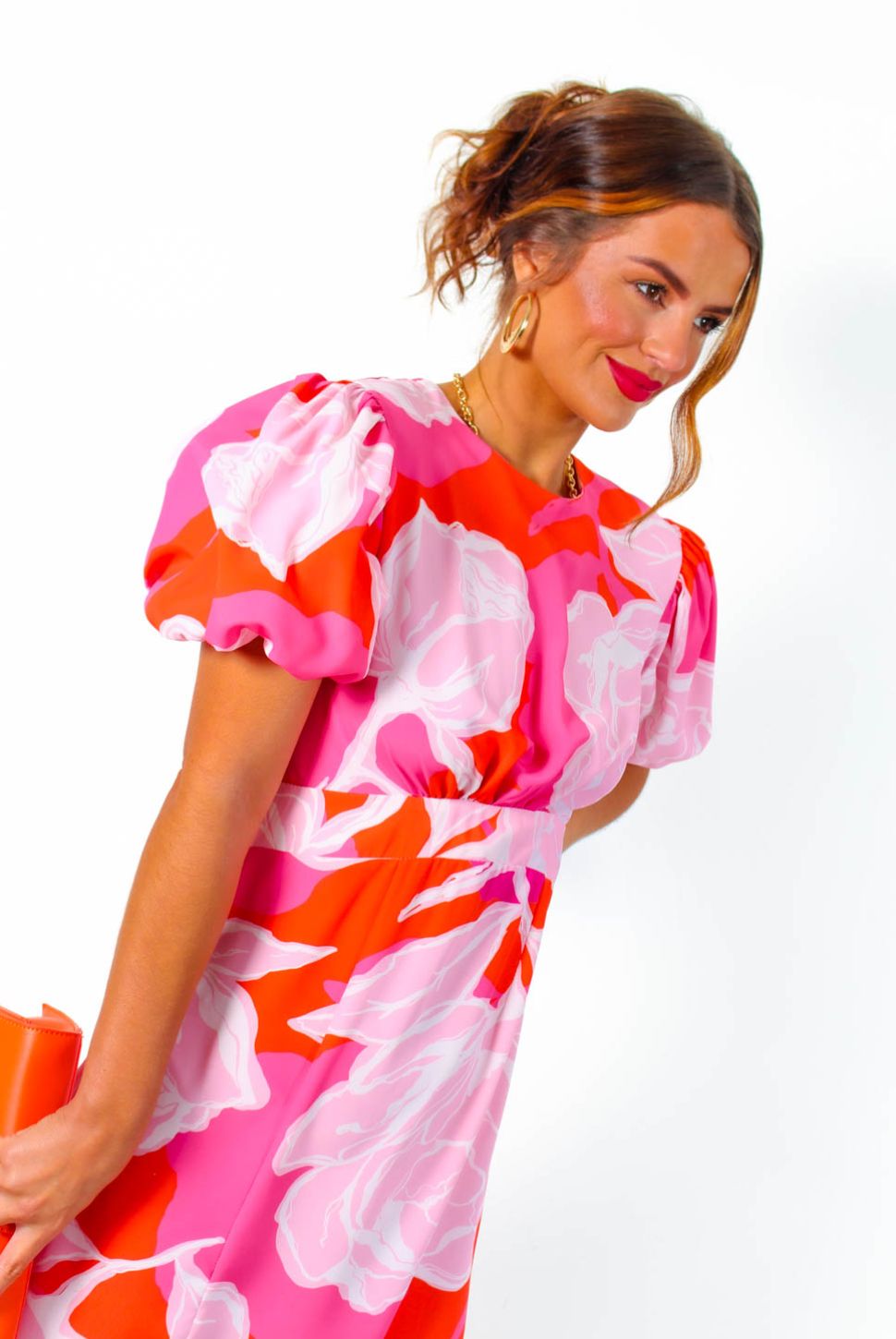 Floral Frenzy - Pink Orange Floral Midi Dress – DLSB