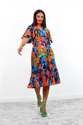 Miss Independent - Blue Orange Tropical Pleated Midi Dress