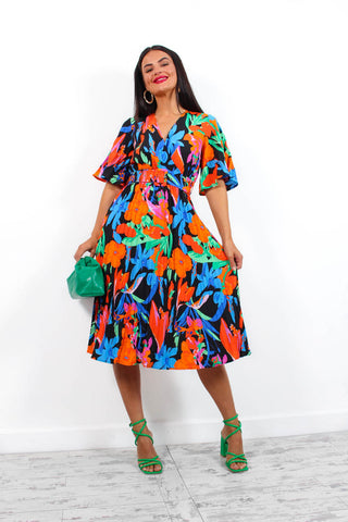 Miss Independent - Blue Orange Tropical Pleated Midi Dress