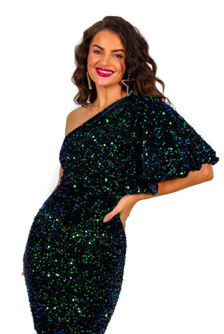 Never Looked Better - Blue Green Sequin One Shoulder Midi Dress