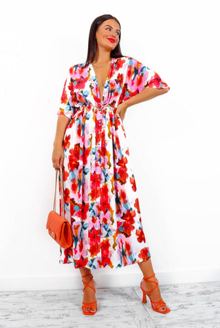 Nothing Bud Love - White Red Floral Midi Dress