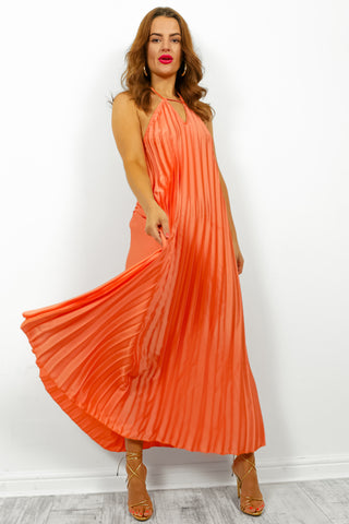 Oh So Darling - Coral Halter Neck Pleated Maxi Dress